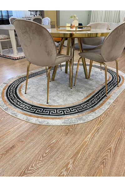 Classic Bordered Striped Oval Latex Leather Base Fringeless Living Room Rug - Gray