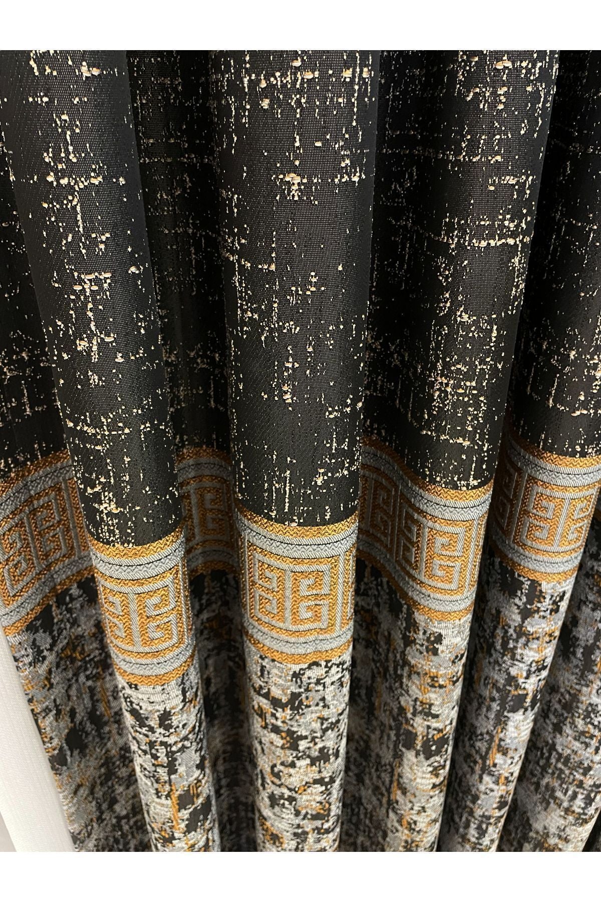 Gray Anthracite Bordered Pattern 1/3 Tight Pleat Jacquard Woven Blackout Curtain