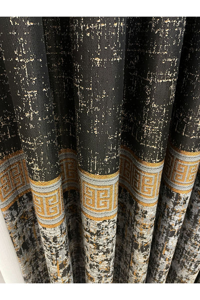 Gray Anthracite Bordered Pattern 1/3 Tight Pleat Jacquard Woven Blackout Curtain