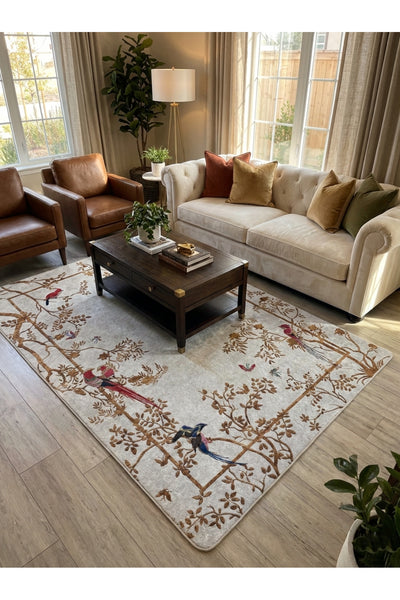 GRAY - Embroidery Look Bird Print Latex Base Runner Rug
