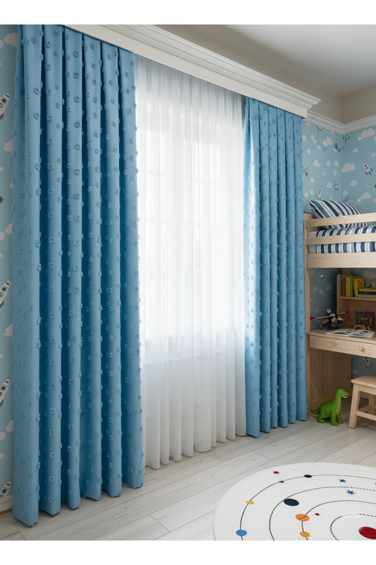 Blue Children's Room Pompom Puffy Blackout Curtain 1/3 Dense Pleating