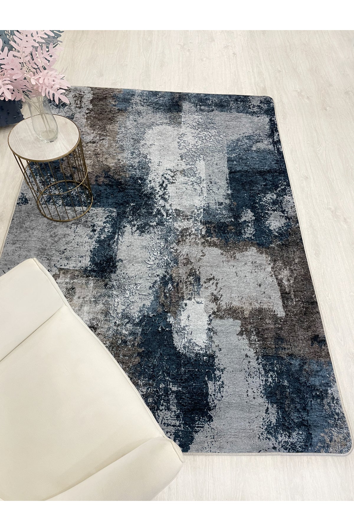 GRAY-NAVY Abstract Pattern Non-Slip Base Runner Rug