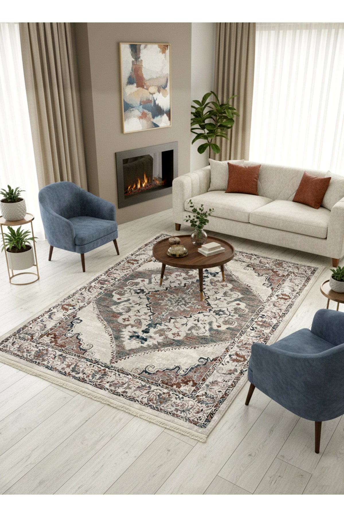 Gokbekli Damask Pattern Latex Base Living Room Rug