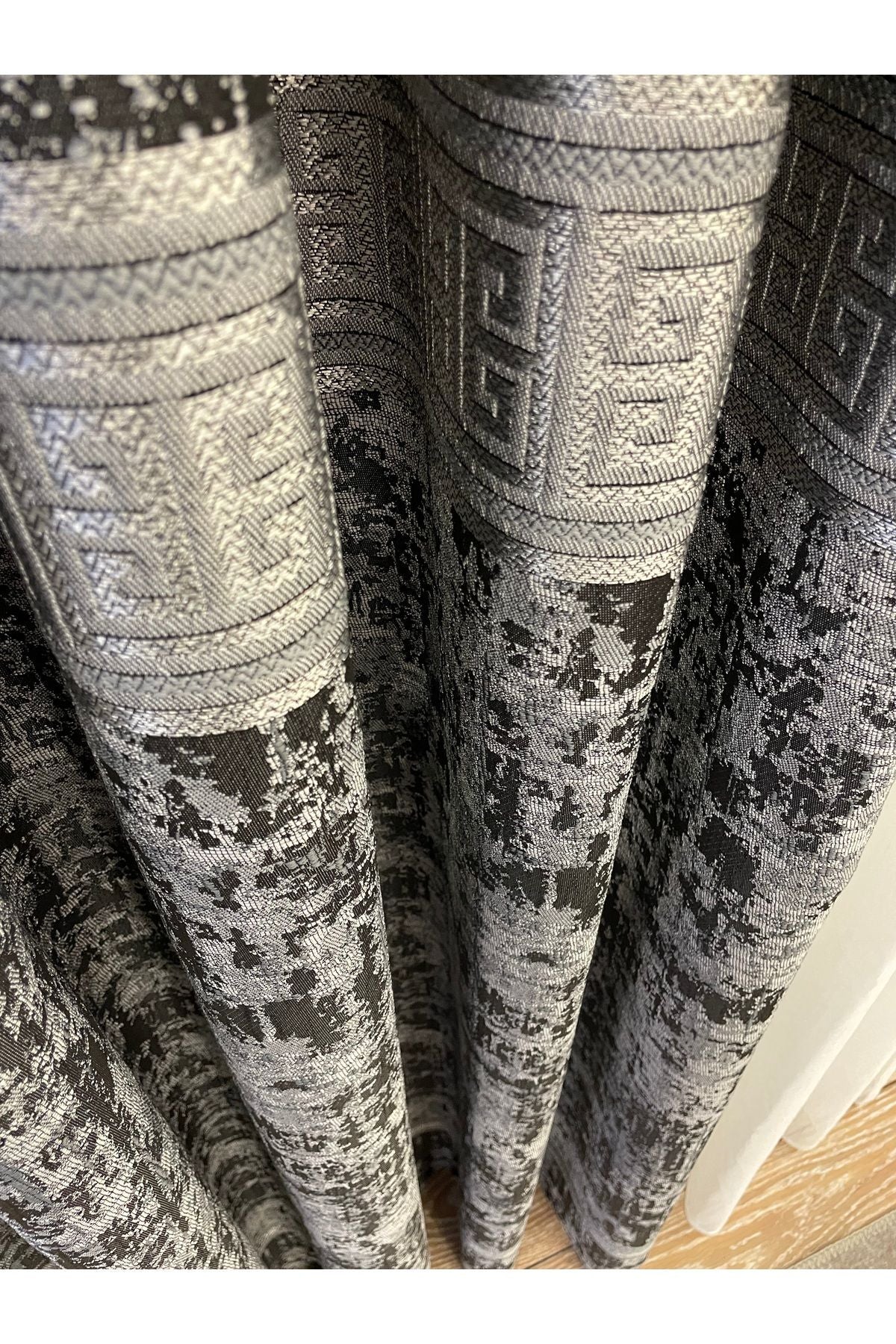 Gray Anthracite Bordered Pattern 1/3 Tight Pleat Jacquard Woven Blackout Curtain
