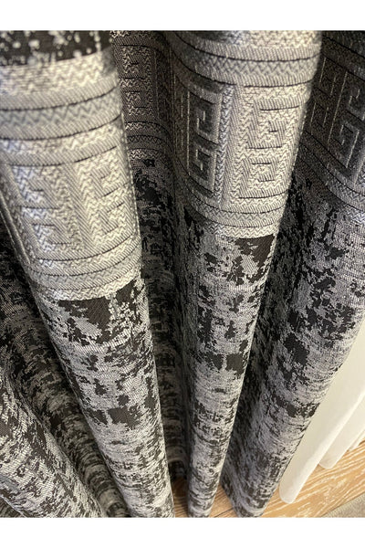 Gray Anthracite Bordered Pattern 1/3 Tight Pleat Jacquard Woven Blackout Curtain