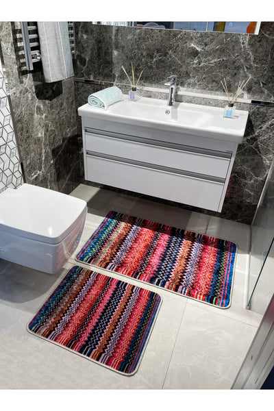 Zigzag Patterned 2-Piece Leather Base Bathroom Mat Set (60x100 - 60x50)