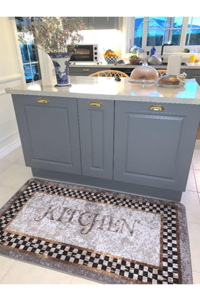 Kitchen Motifli Damalı Lateks Deri Tabanlı Leke Tutmaz Mutfak Halısı