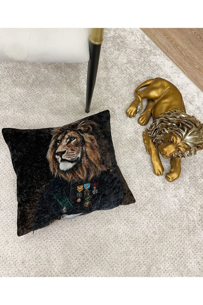 %100 Velvet Lion Print Cushion Cover (Black)