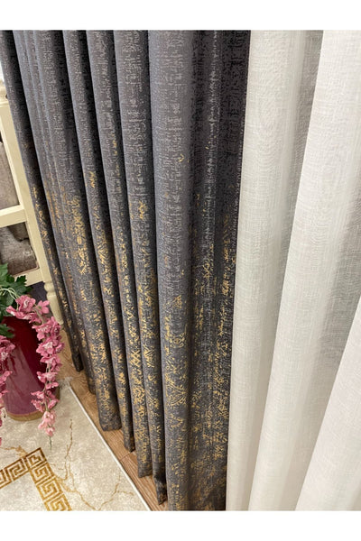 Jacquard Ground Foil Print 1/3 Dense Pleat Blackout Curtain - Beige - Gold Foil