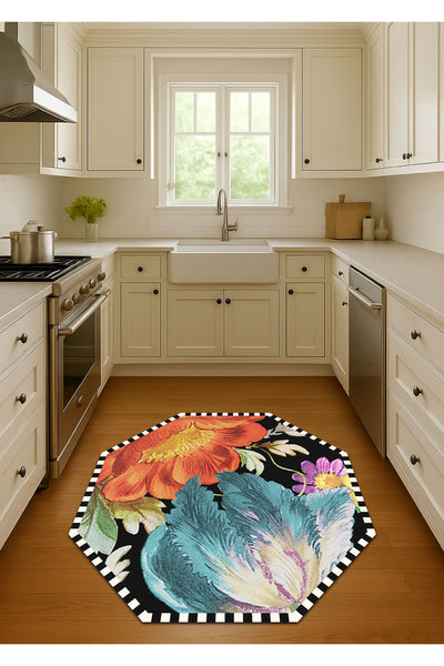 Octagonal Checkered Floral Pattern Latex Base Rug