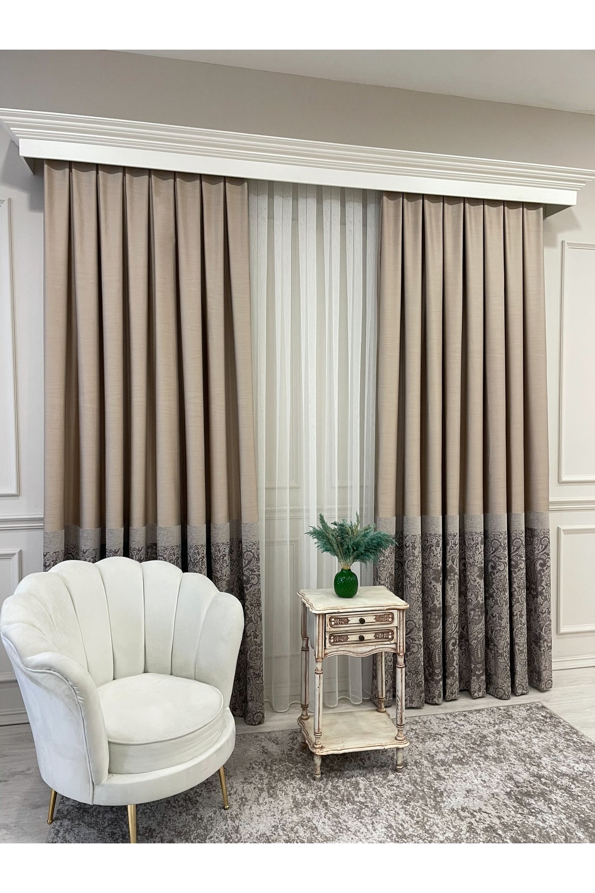 Gray Shawl Pattern 1/3 TIGHT PLEAT Jacquard Woven Blackout Curtain