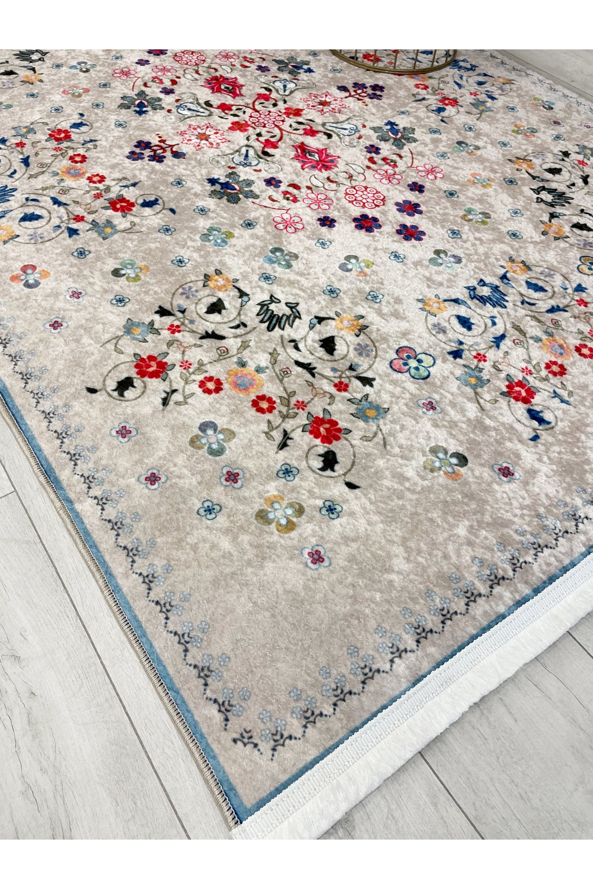 BEIGE Floral Patterned Vintage Latex Base Rug