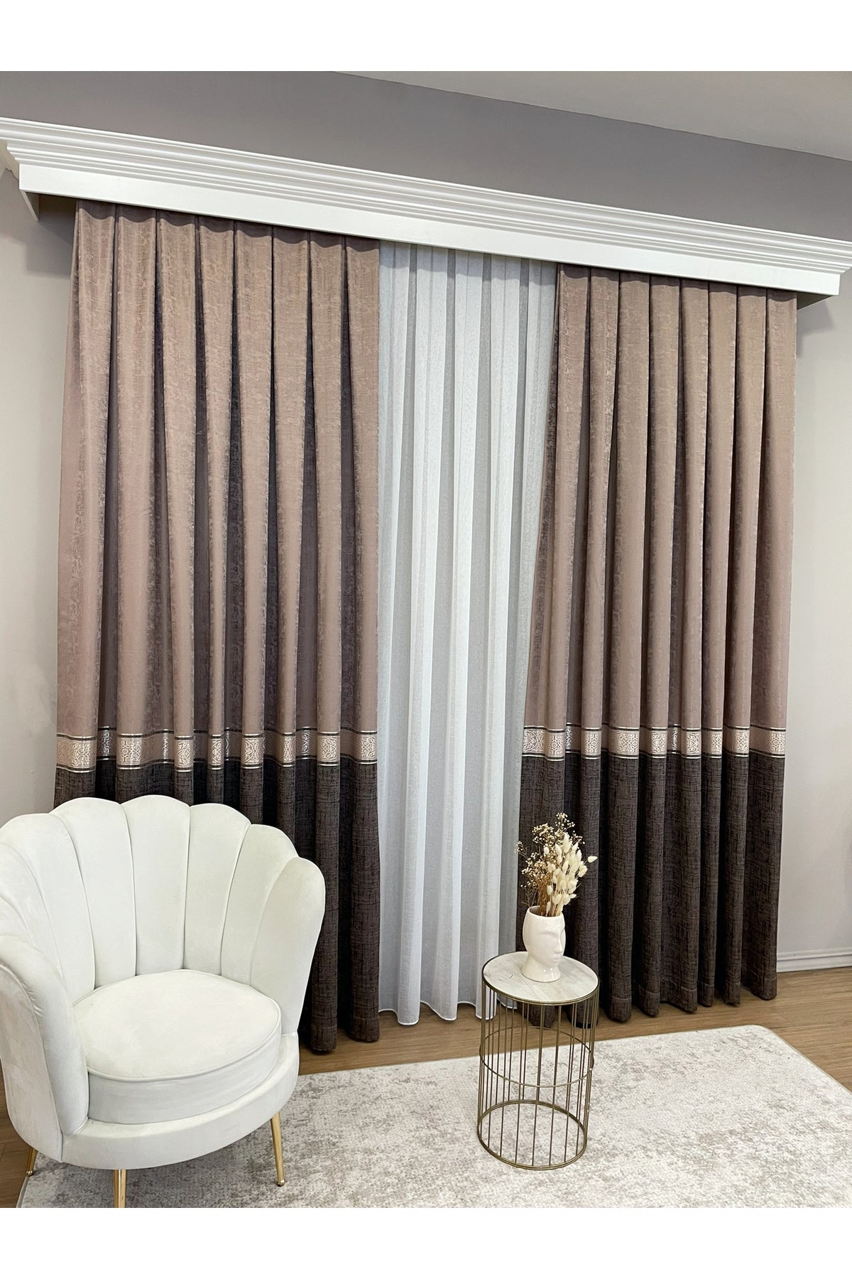 Brown 1/3 Dense Pleated Bordered Pattern Soft-Textured Jacquard Blackout Curtain