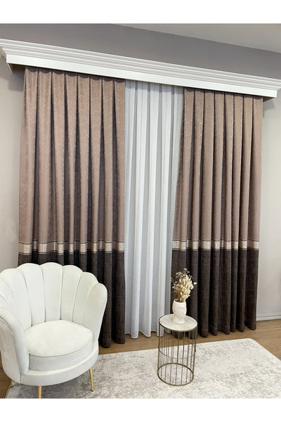 Brown 1/3 Dense Pleated Bordered Pattern Soft-Textured Jacquard Blackout Curtain