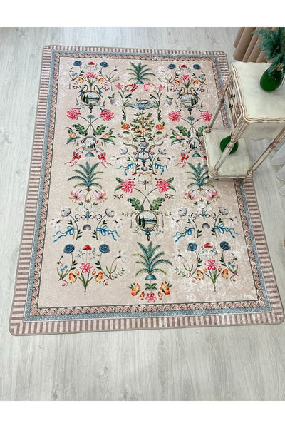 Beige Floral Bird Patterned Latex Leather Base Rug