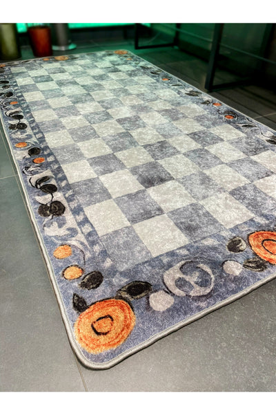 Beige Orange Checkered Pattern Non-Slip Base Kitchen Rug