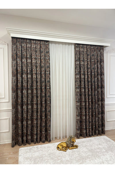 Orange - Brown Abstract Pattern 1/3 Tight Pleat Jacquard Woven Blackout Curtain