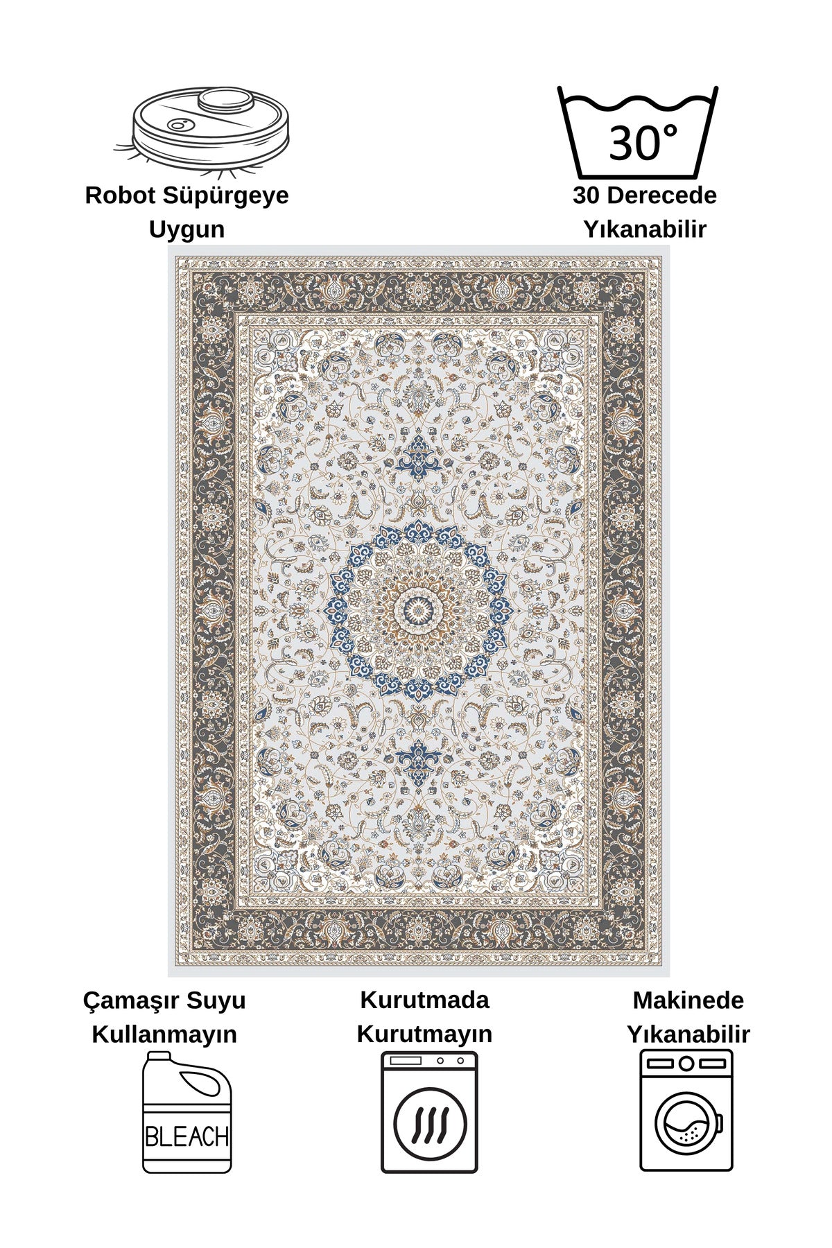 GRAY Traditional Motif FRINGED Classic Non-Slip Base Rug