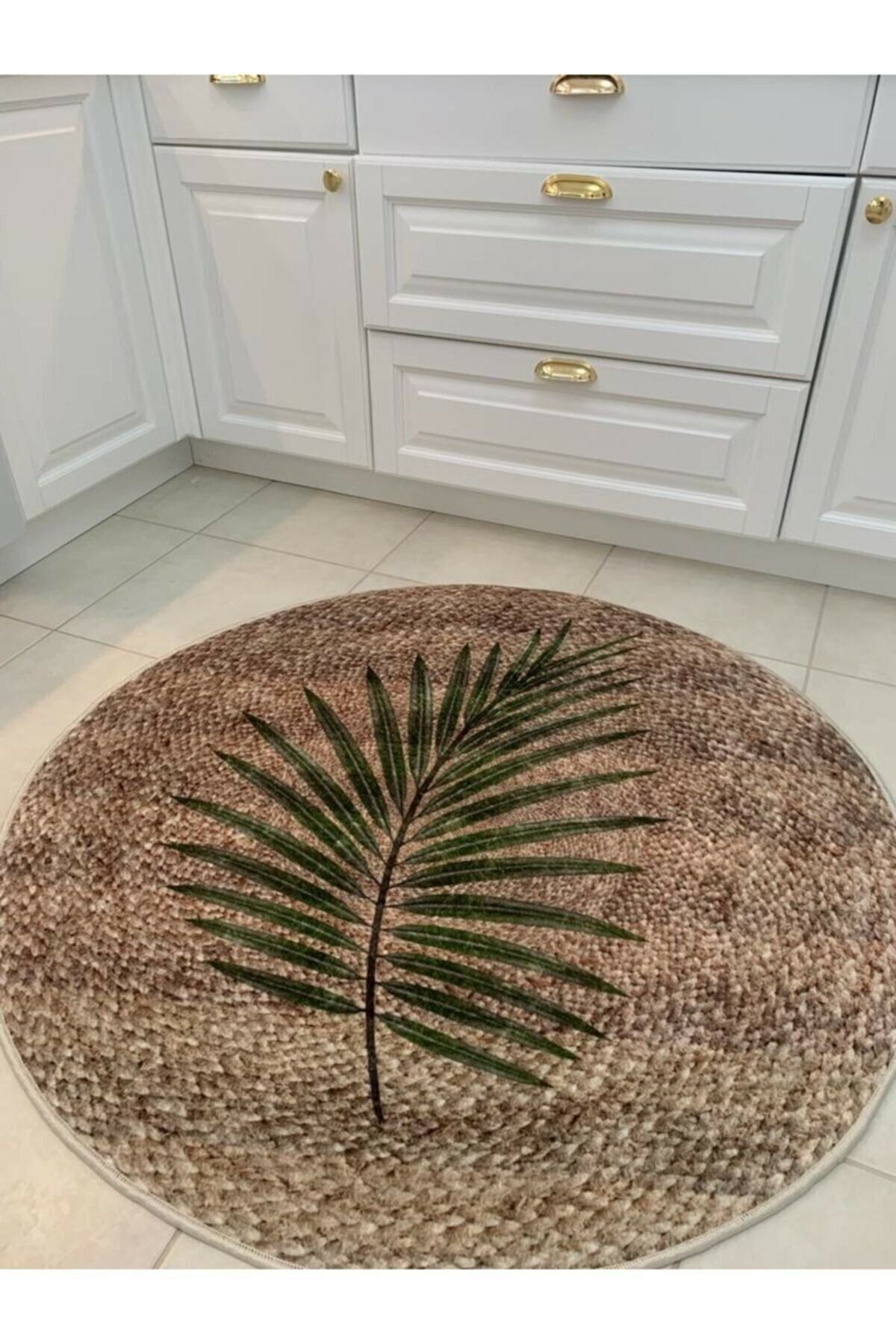 Jute Sisal Look Leaf Motif Latex Non-Slip Base Balcony and Terrace Round Rug