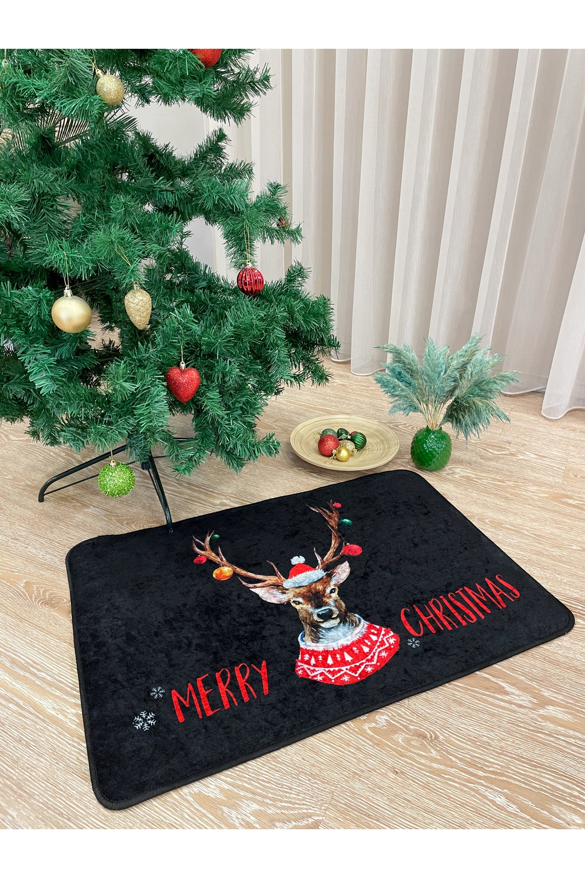 Christmas Yılbaşı Temalı Lateks Kaymaz Taban Kapı Önü Paspası Siyah (EBAT 60X90)