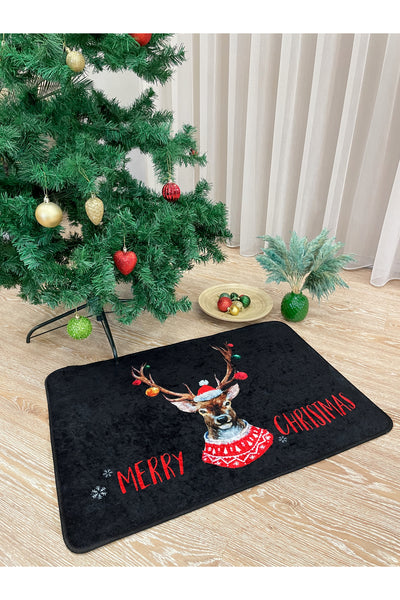 Christmas Yılbaşı Temalı Lateks Kaymaz Taban Kapı Önü Paspası Siyah (EBAT 60X90)
