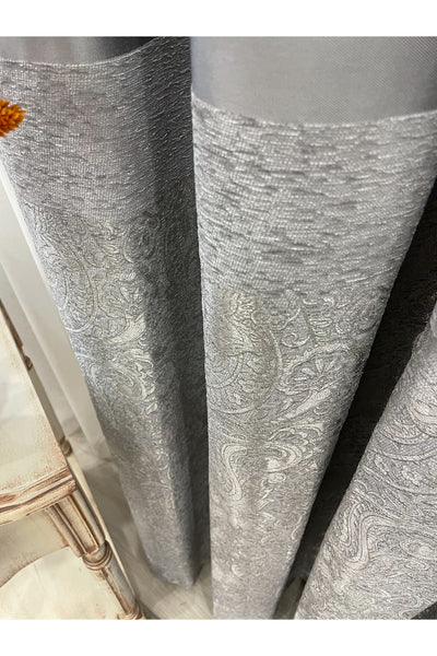 Gray Shawl Pattern 1/3 TIGHT PLEAT Jacquard Woven Blackout Curtain