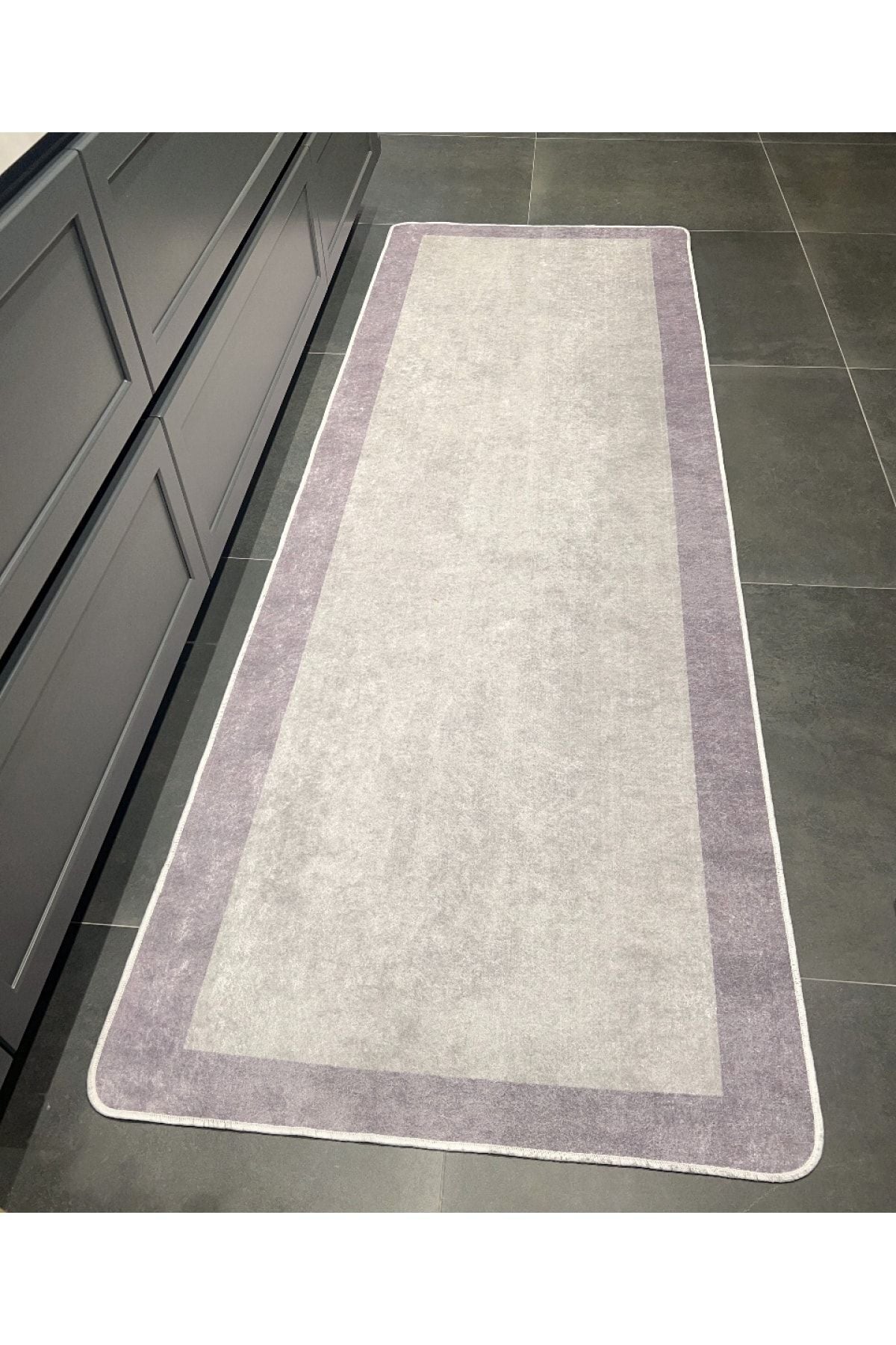 Geometric Striped Latex Leather Backing Fringeless Kitchen Rug - Gray-Black