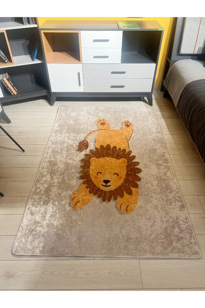Lion Patterned Washable Kids Baby Rug - Beige Brown
