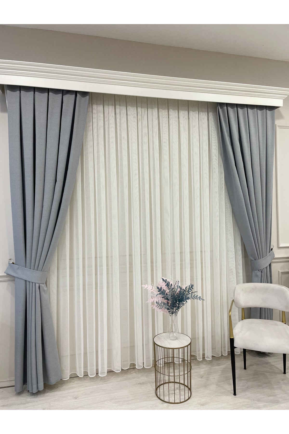 BEIGE-GRAY Modern Textured Knit 1/3 Dense Pleat Sheer Curtain