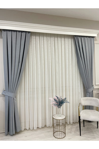BEIGE-GRAY Modern Textured Knit 1/3 Dense Pleat Sheer Curtain