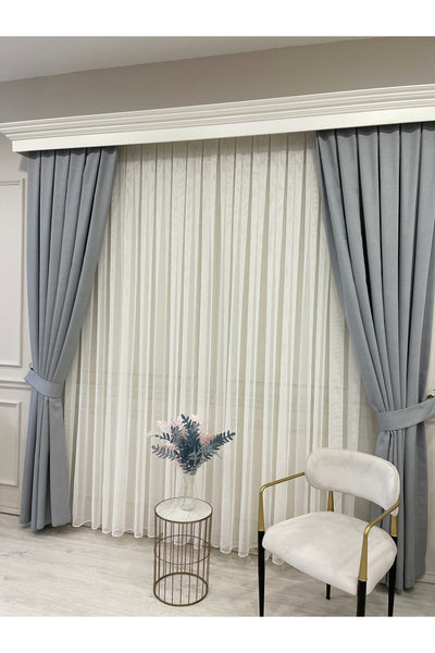 BEIGE-GRAY Modern Textured Knit 1/3 Dense Pleat Sheer Curtain