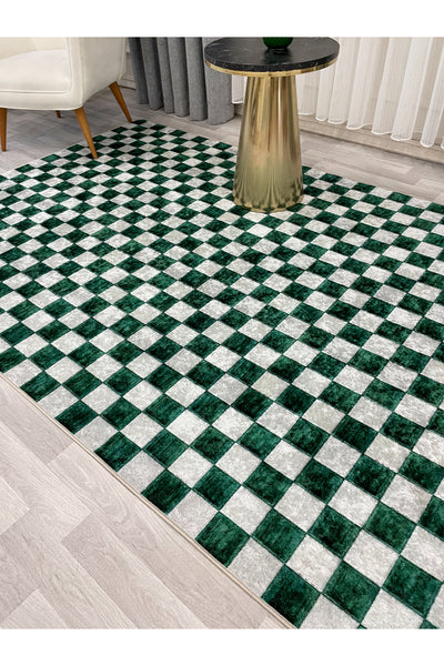 Beige Green Checkered Non-Slip Base Rug