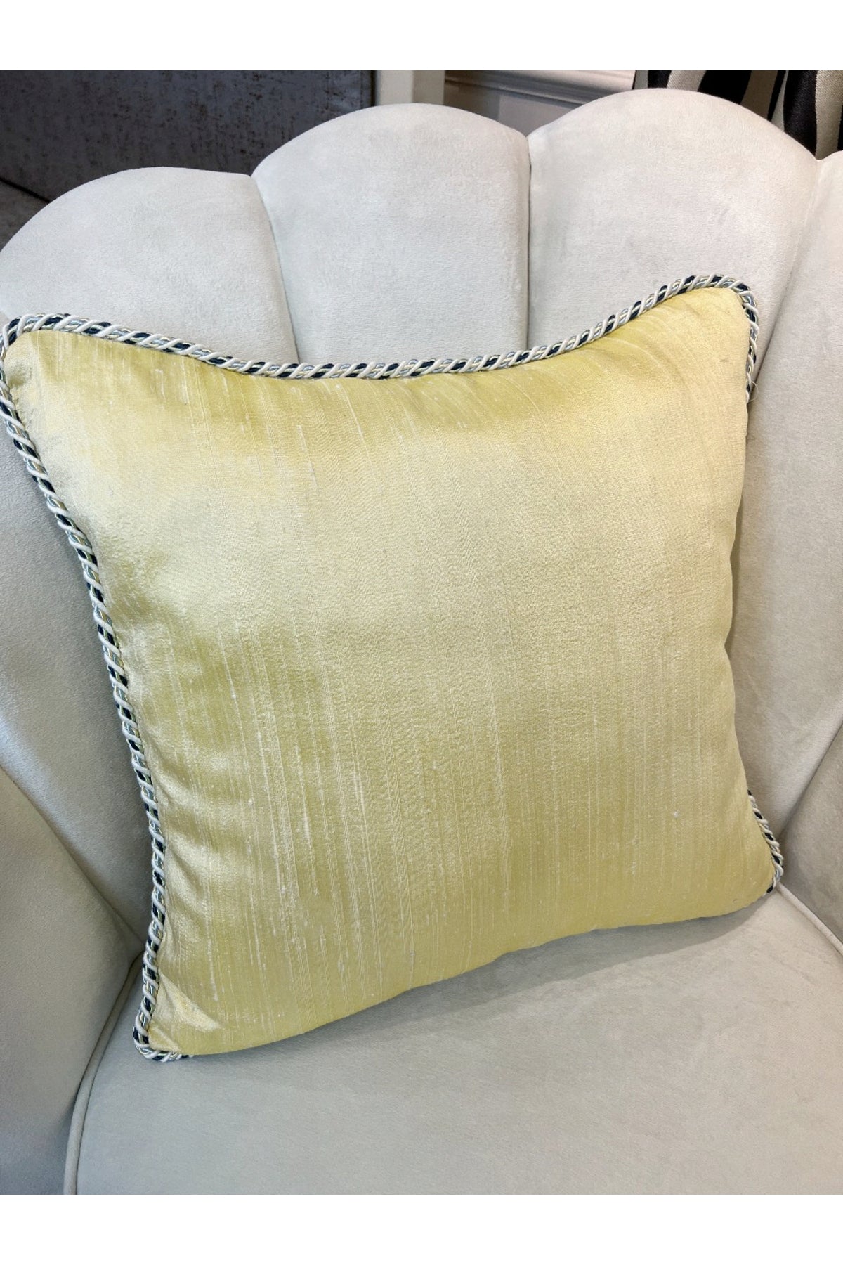 Imported Silk Cushion Pillow Cover with Cord (45x45) (Pastel Yellow) Pink Cord