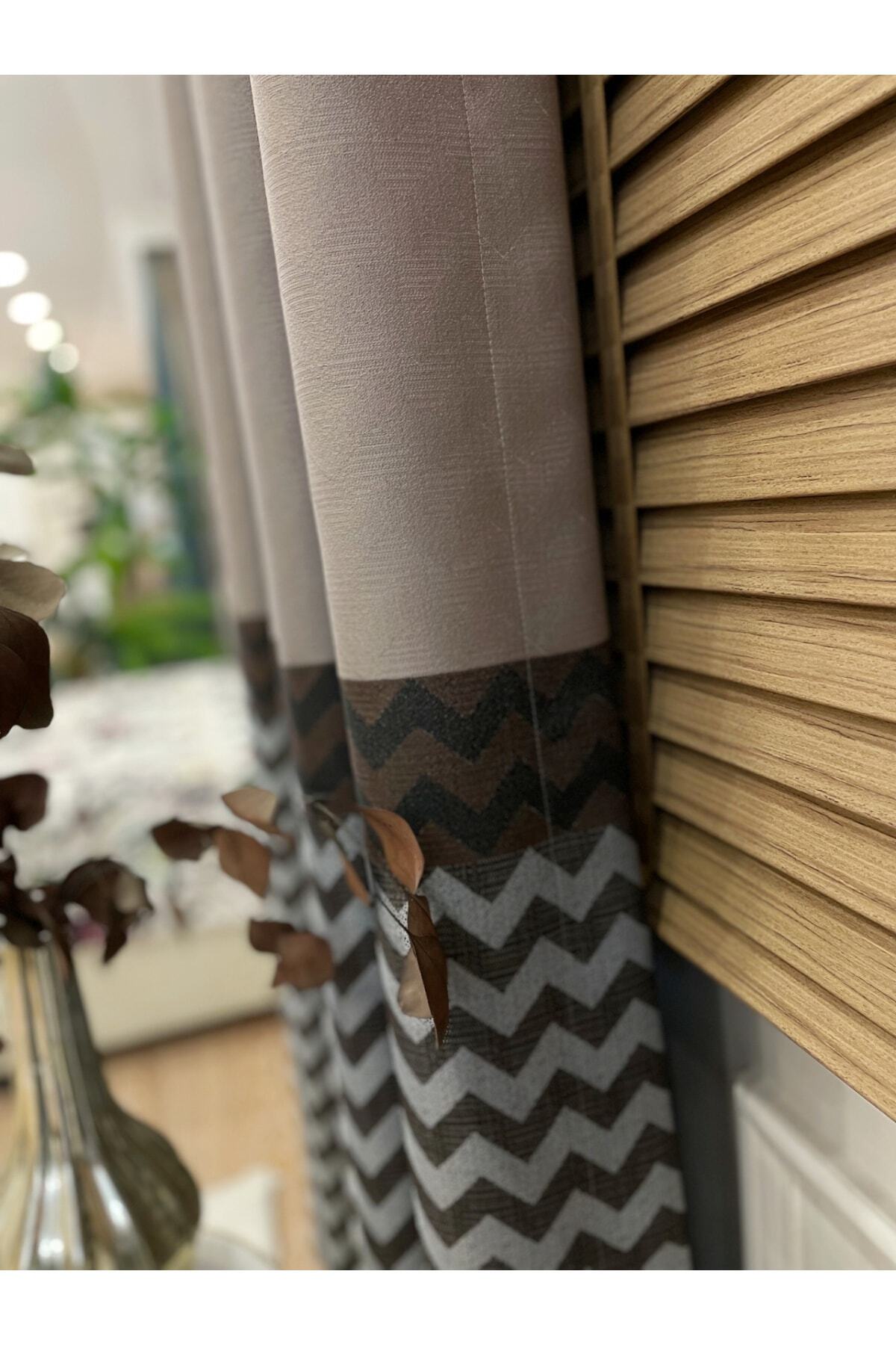 Jacquard 1/3 Dense Pleat Zigzag Striped Panel Print Blackout Curtain - Beige - Brown