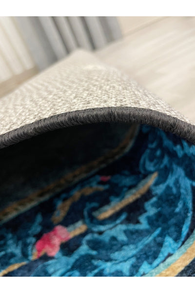 Floral Bordered Navy Blue Latex Leather-Backed Rug