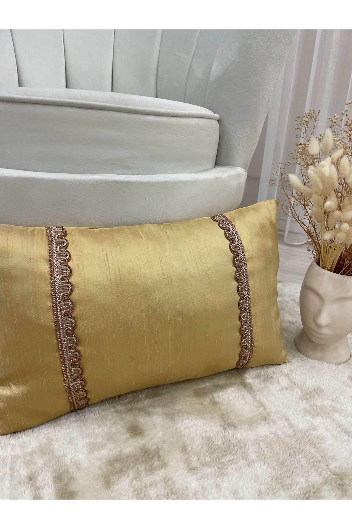 Imported Silk Cushion Pillow Cover with Cord (30x50) (Gold Color)