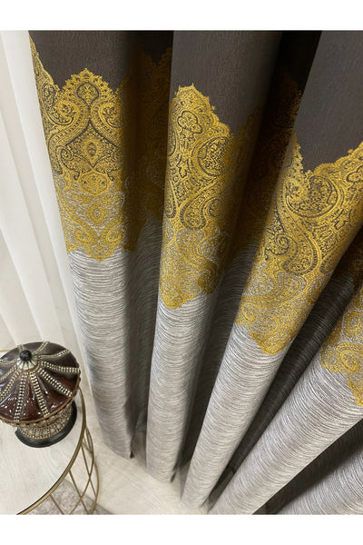 Brown Gold - Damask Patterned 1/3 Dense Pleated Blackout Curtain
