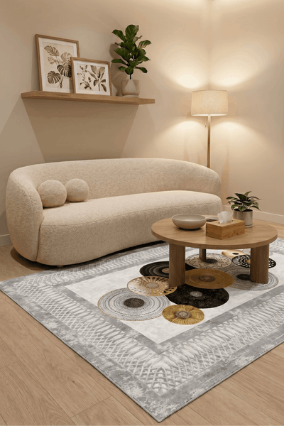 Washable Printed Gonzales Rug - Modern Abstract Disc Design