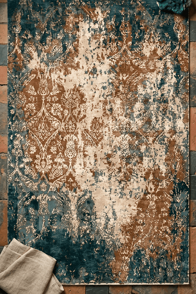 Washable Printed Derma Rug - Distressed Damask Style