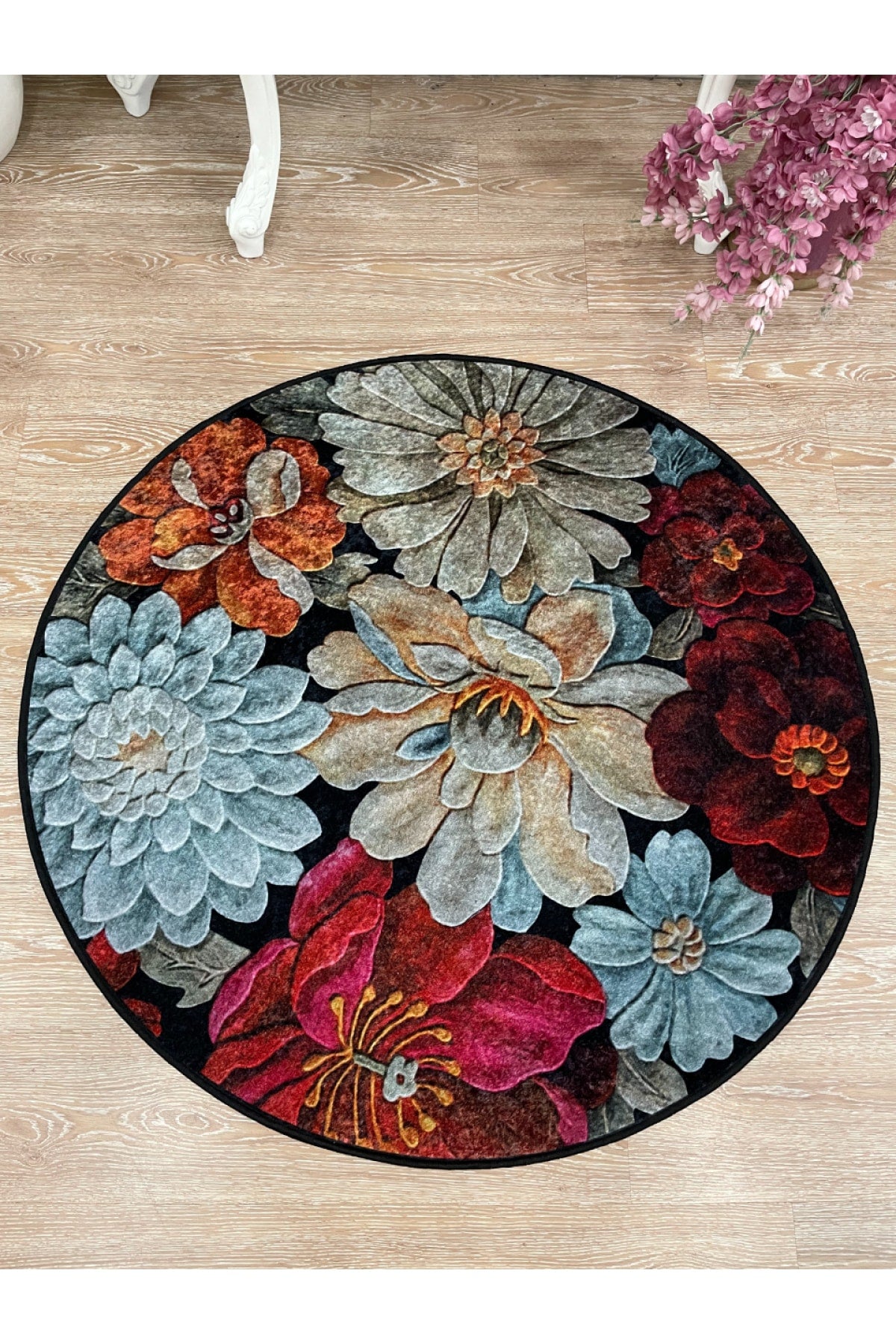 Floral Pattern Washable Decorative Round Rug - Gray