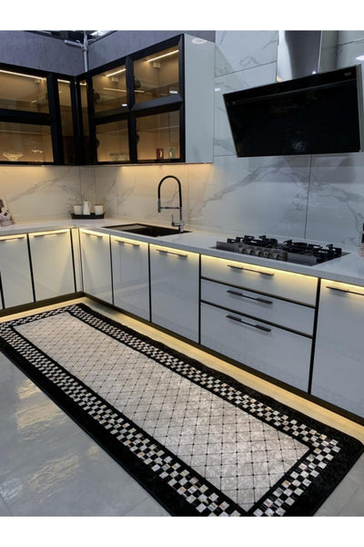 Bang Model Checkered Non-Slip Base Kitchen Rug - Gray-Black