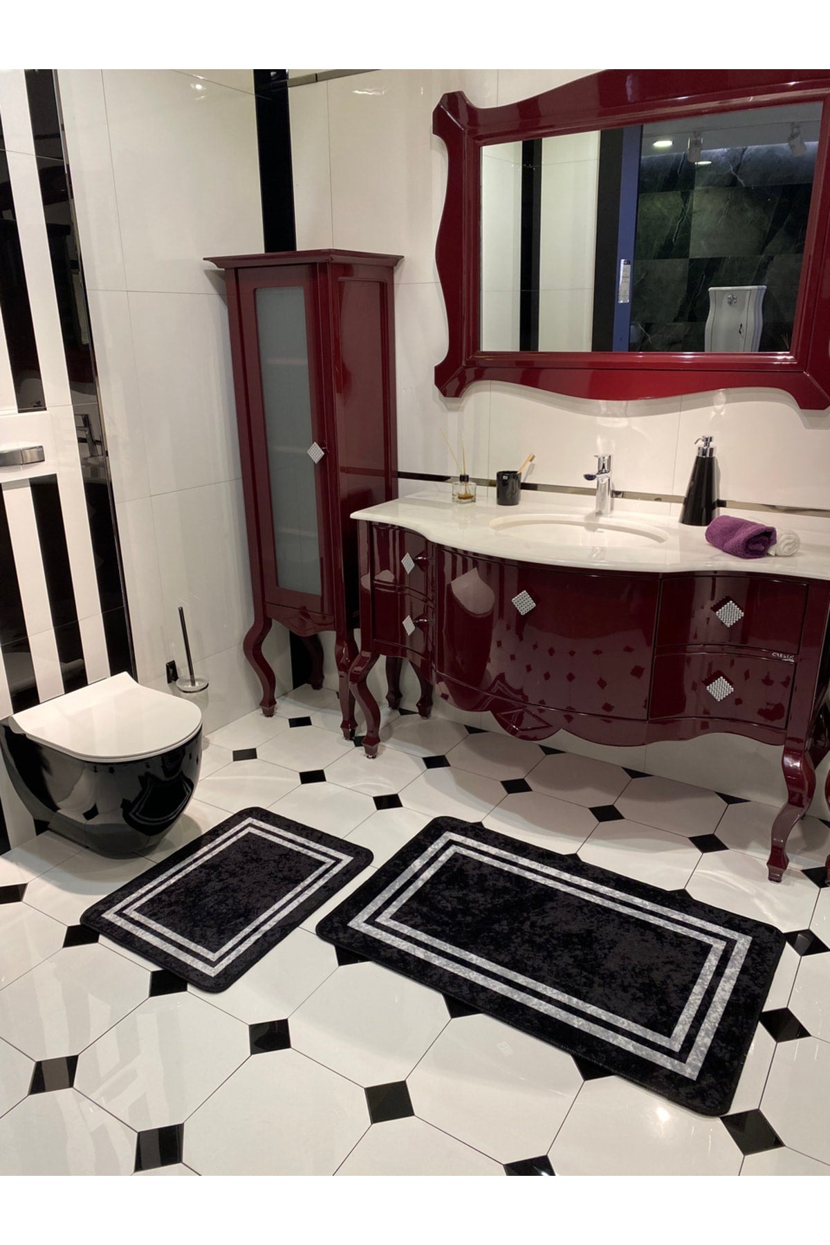 Tracy 2-Piece Latex Base Bathroom Mat Set - (SIZE 60X100 60X50) Black