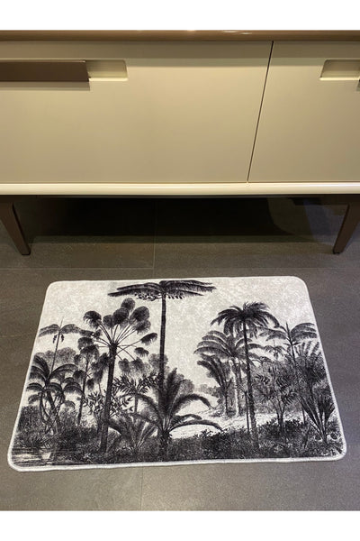 Karakalem Manzara Görünümlü Deri Tabanlı Banyo Paspası - (ebat 60x90 ) Krem