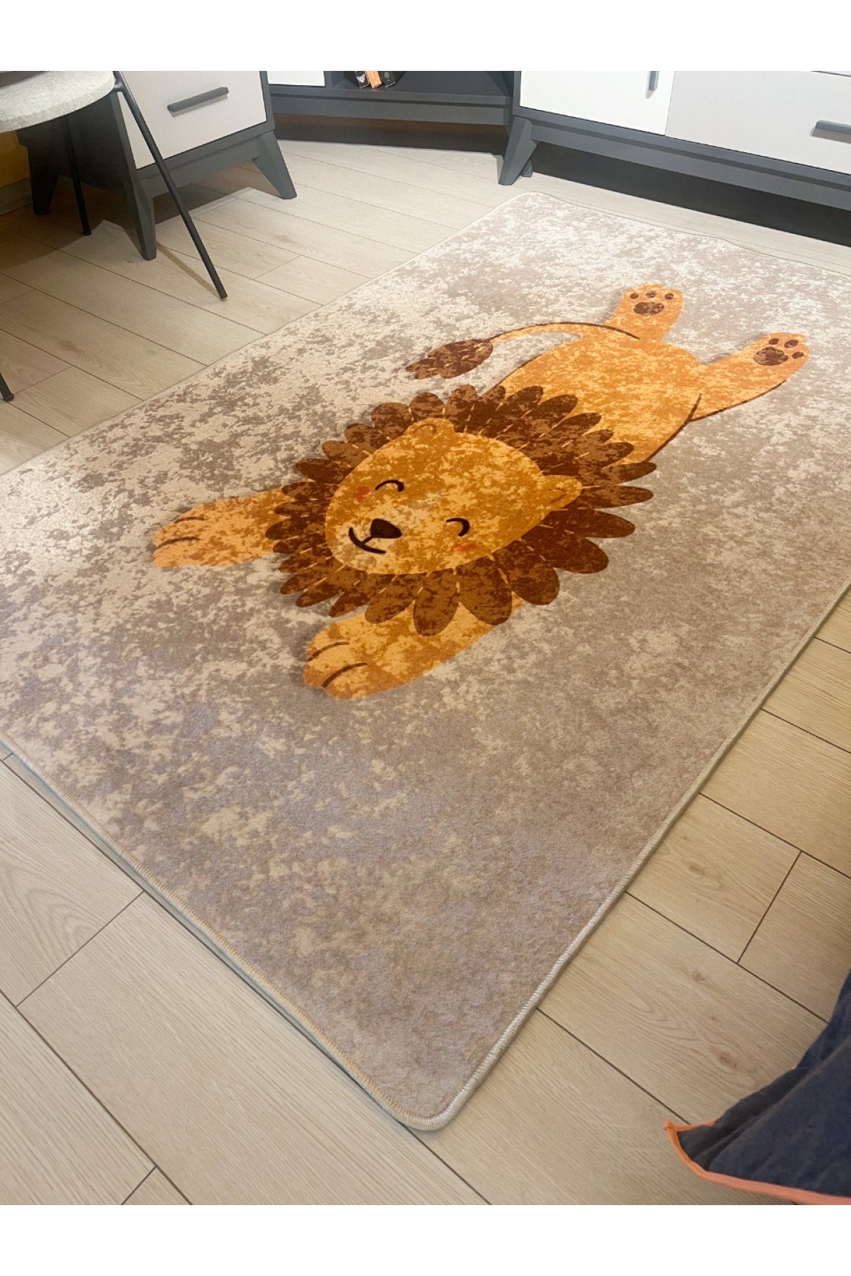 Lion Patterned Washable Kids Baby Rug - Beige Brown