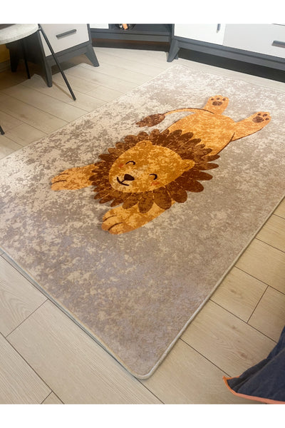 Lion Patterned Washable Kids Baby Rug - Beige Brown