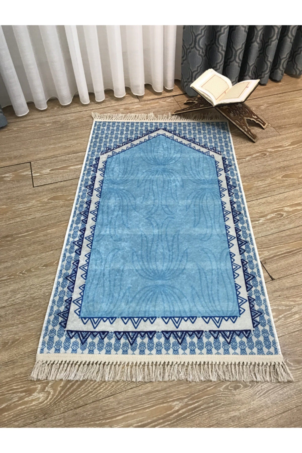 Light Blue Fringed Prayer Rug (Latex Base) 75x125