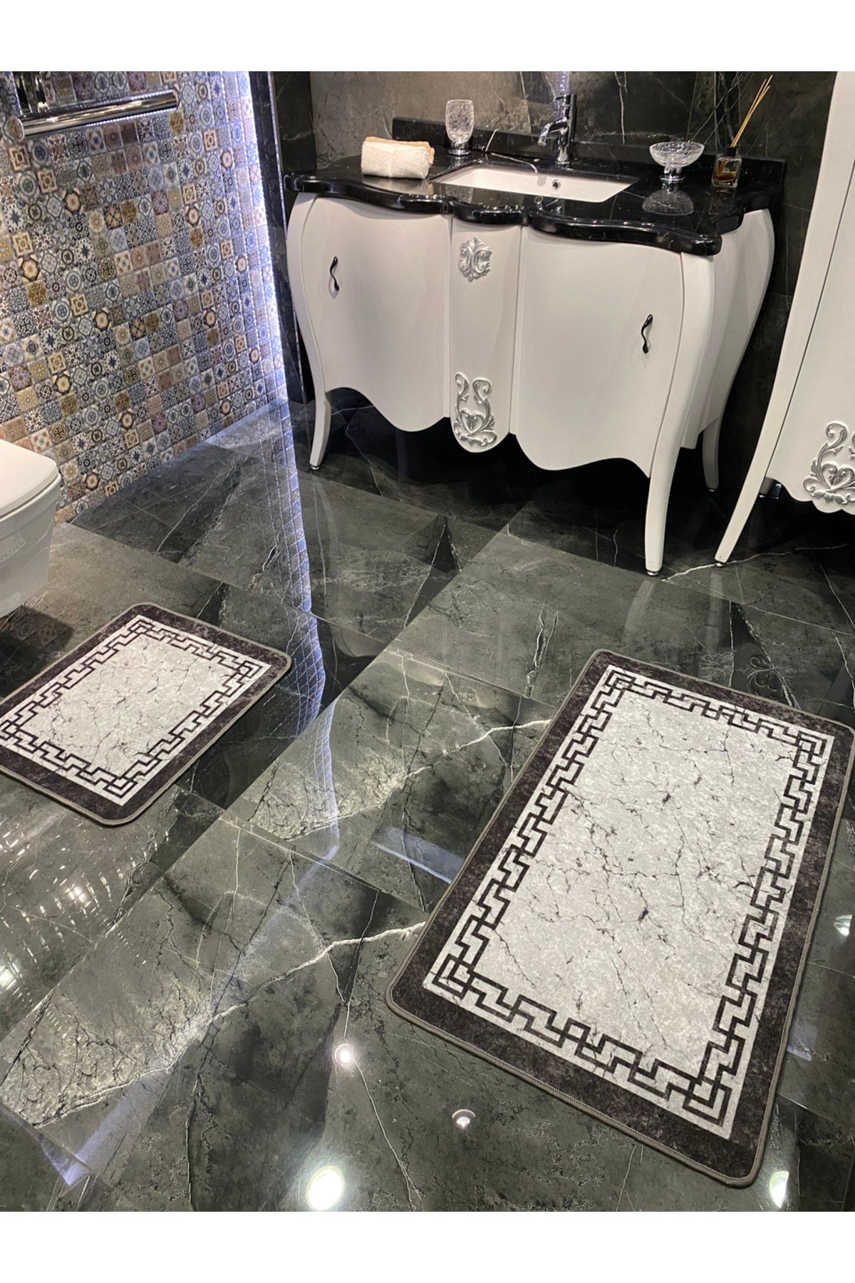 Linaro 2-Piece Latex Non-Slip Waterproof Bathroom Mat Set (60x100 - 60x50) Gray