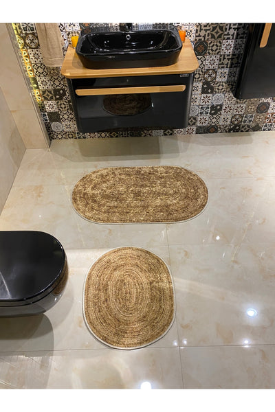 Hasır Desenli Oval 2'li Kaymaz Taban Banyo Paspas Takımı (60x100 - 60x50) Kahverengi