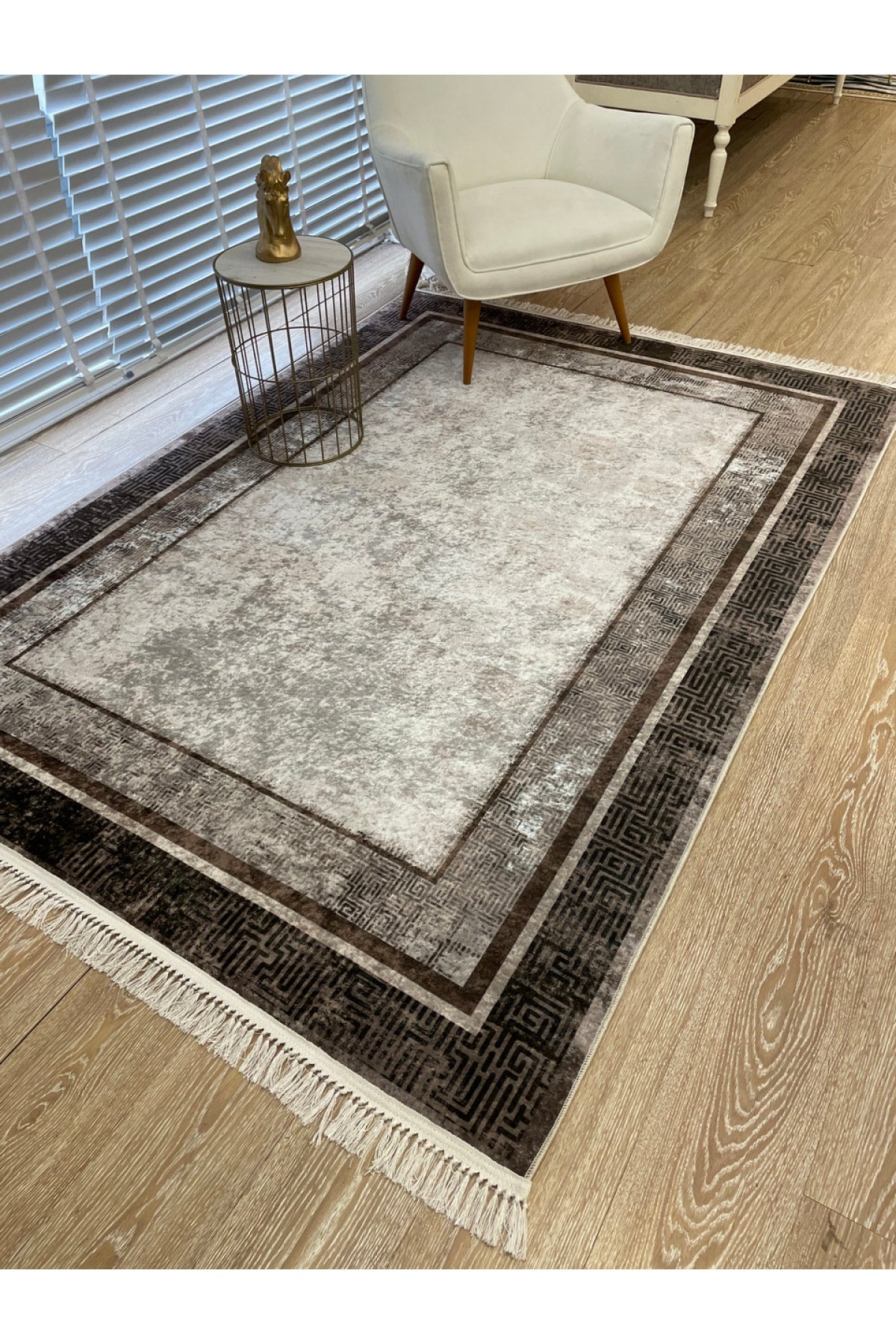 Vilmar Modern Striped Latex Leather Base Fringed Rug - Beige