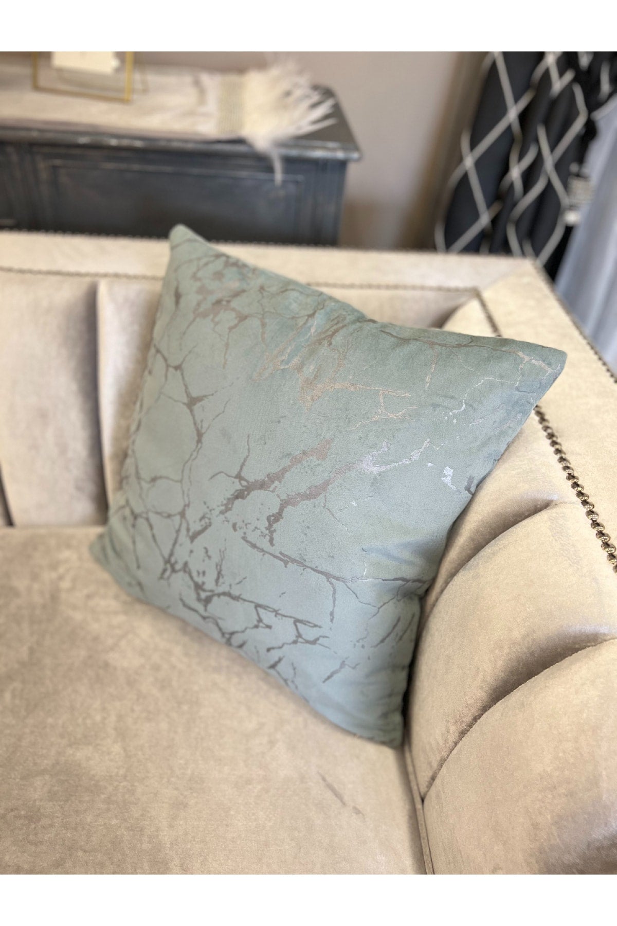 Set of 2 Velvet Throw Pillow Covers Ecru-Silver Foil (45X45)